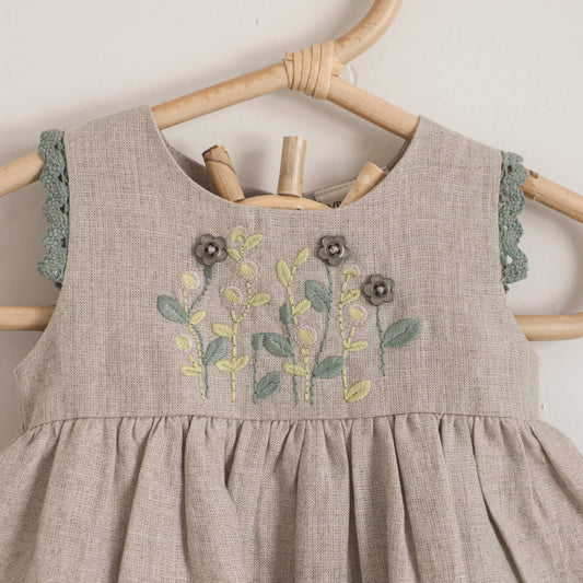Sylvie Embroidered Linen Baby Dress+Bloomer (Organic Cotton)