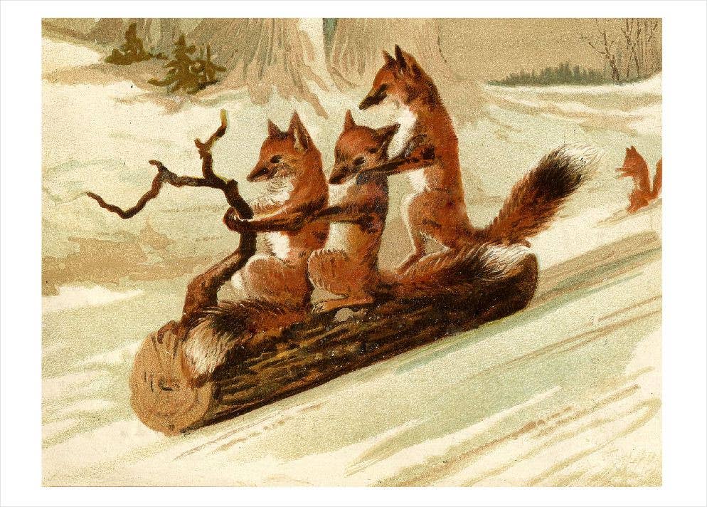 Foxes Sledding on Log C.1900 Holiday Cards
