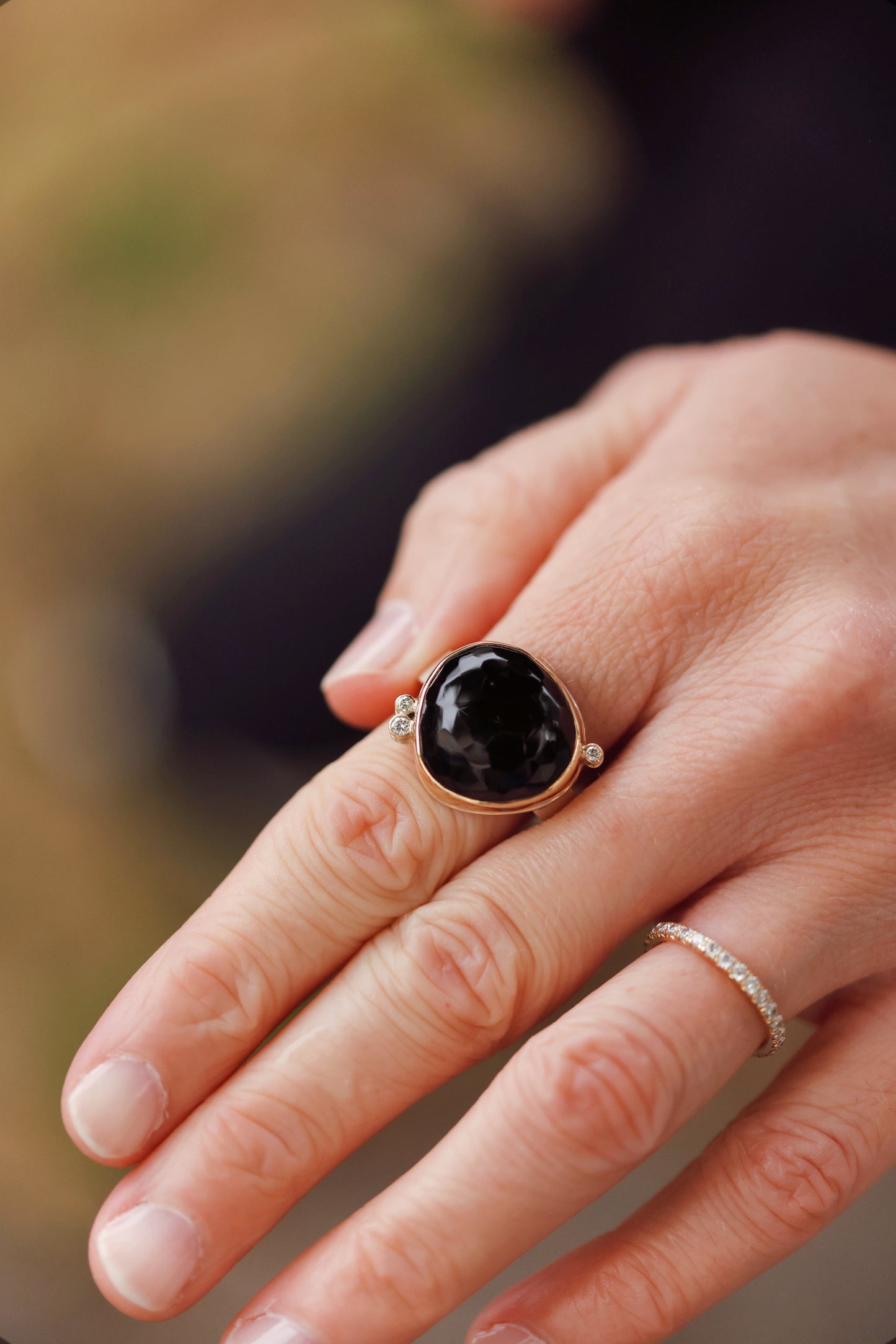 Jamie Joseph Black Onyx Ring with Satellite Diamonds - Size 8
