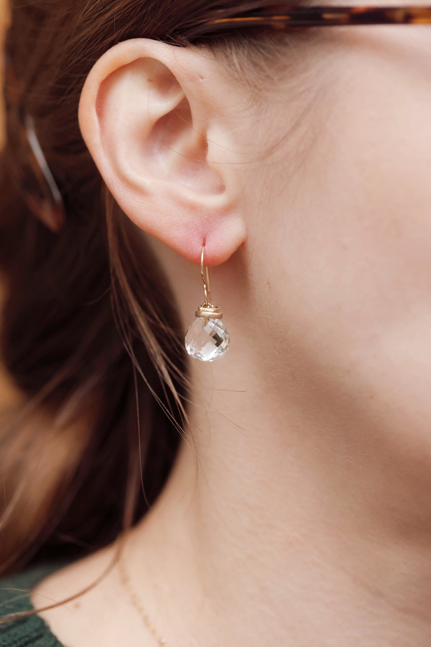 Jamie Joseph - 14K Gold Earrings w/ Faceted ROCK CRYSTAL Drop & Two Satin Organic Rings Earrings