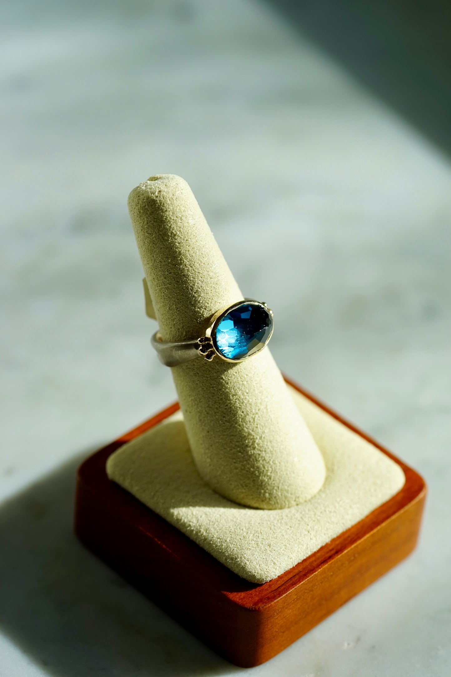 7.8ct London Blue Topaz Ring in 14k bezel and sterling Sea Kelp