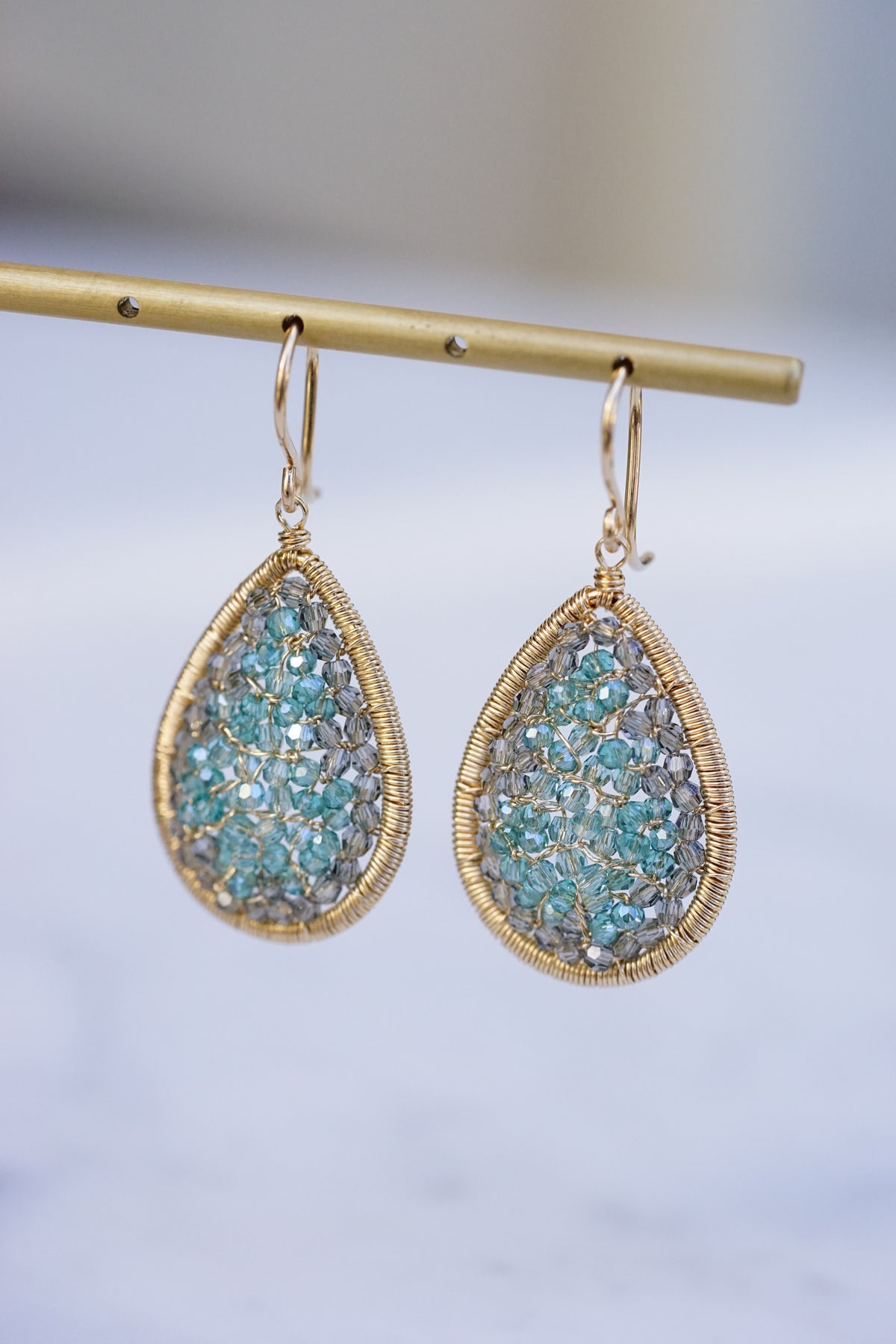 Dana Kellin - Abalone and Blue Crystal Medium Teardrop Mosaic Earring with 14k fill wire