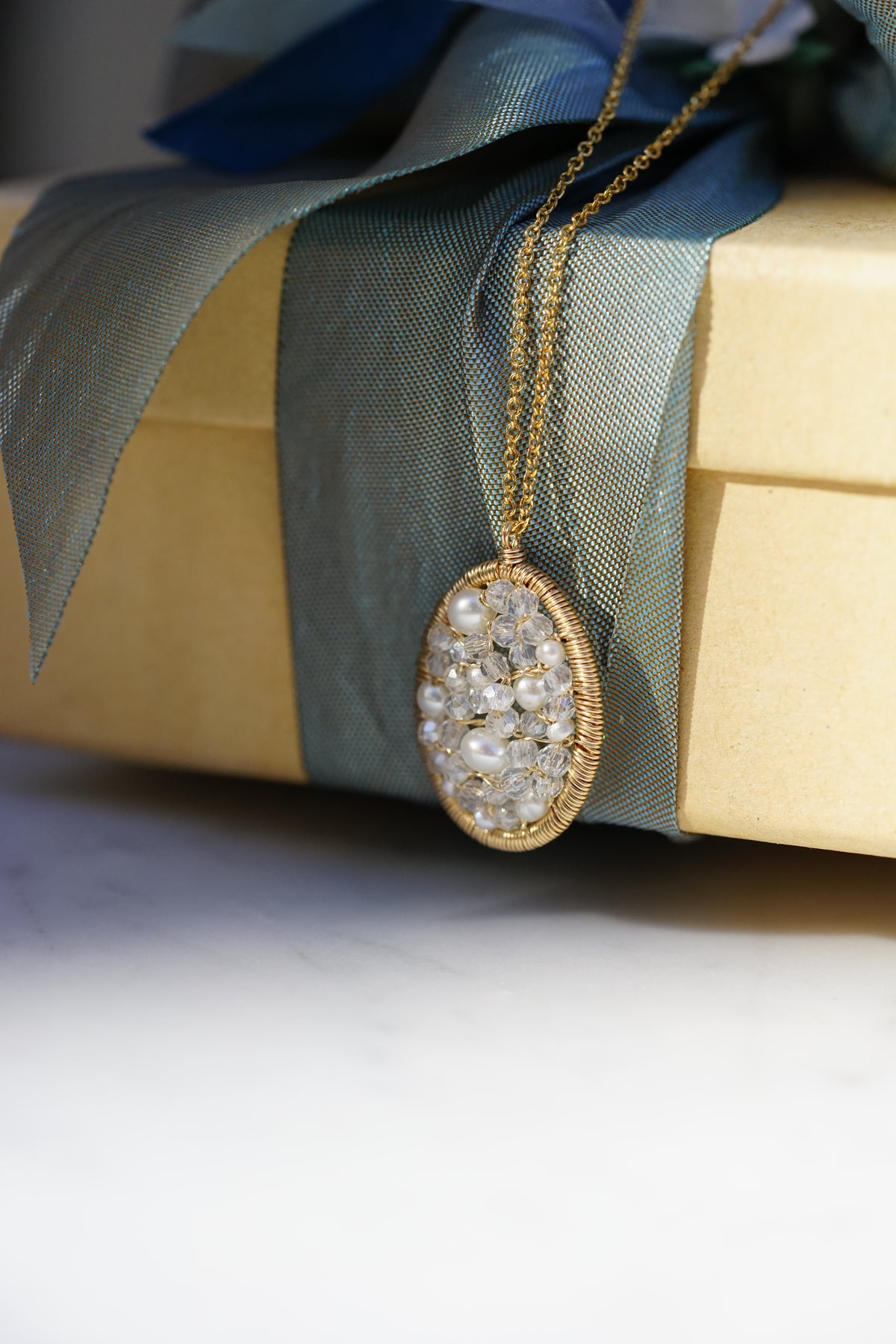 Dana Kellin - Pearl and Crystal Oval Pendant with 14k gold fill wire