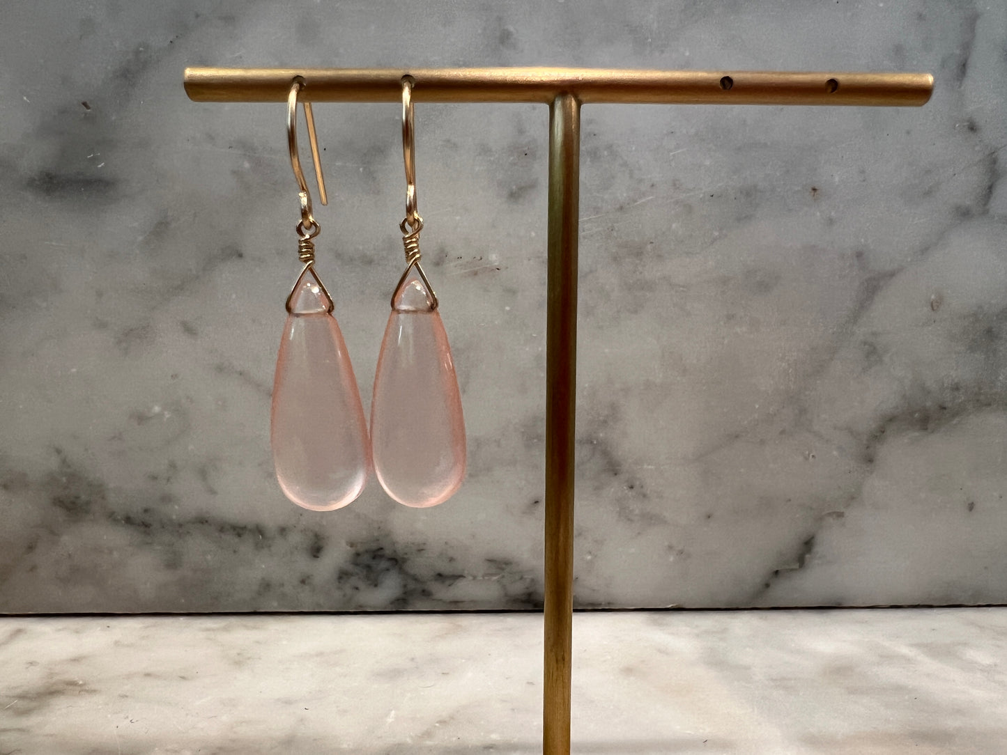 Rose Quartz drops on hammered gold-fill simple wires