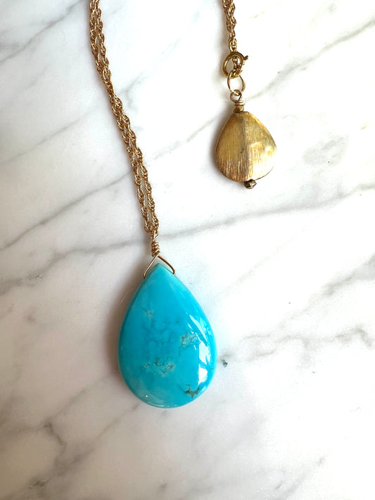 Rock Stella - Sleeping Beauty Turquoise Ballast Necklace with Gold Vermiel Charm on 14k gold filled rope chain