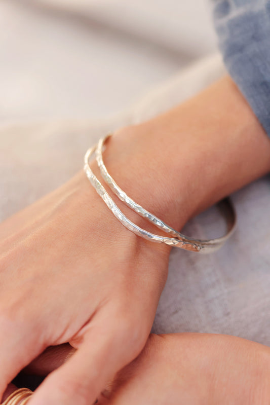 Sterling Silver Hammered Wave Bangle