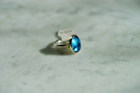 10.45ct London Blue Topaz ring with diamonds in 14k bezel and sterling band - size 7