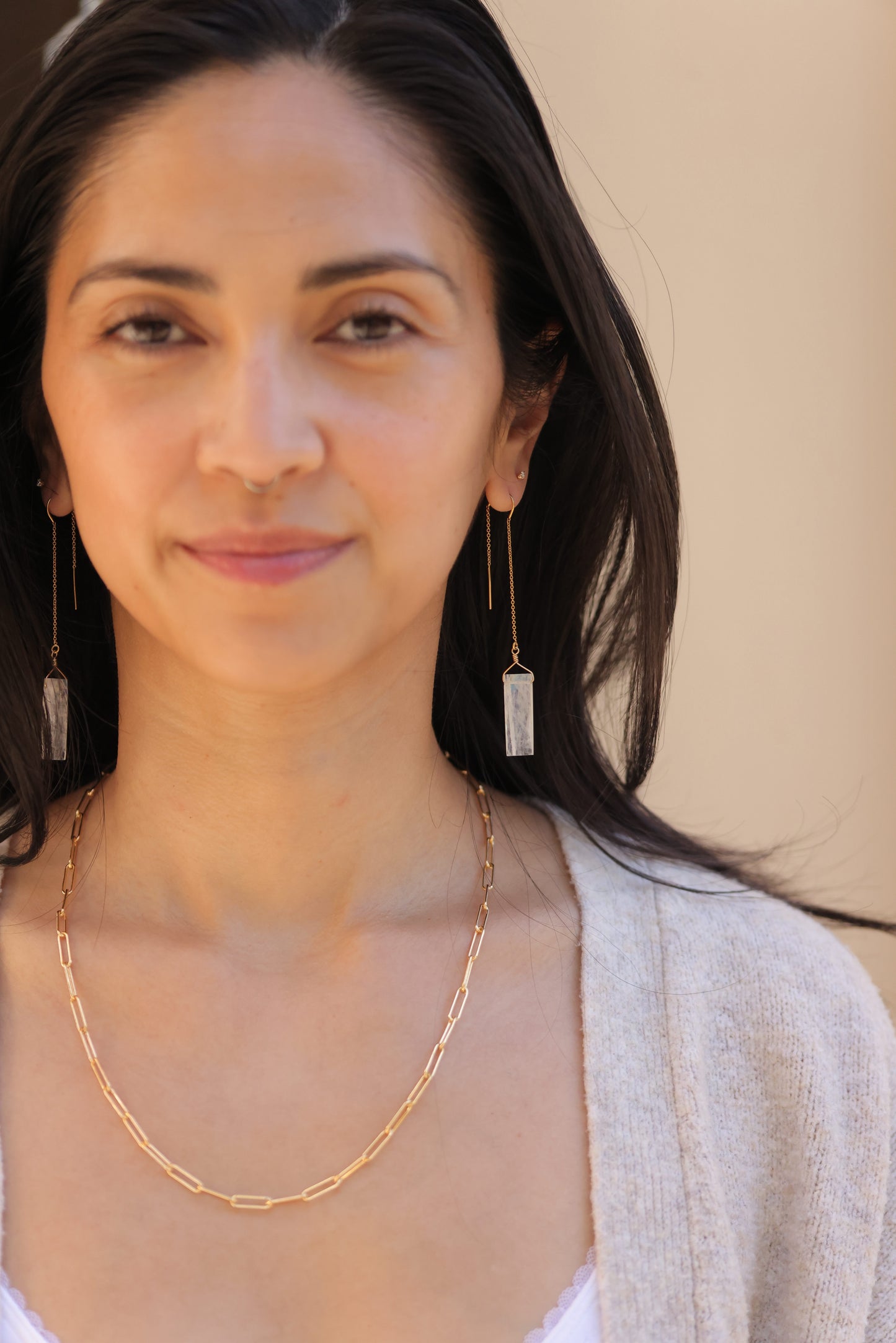 Rock Stella - Rainbow Moonstone rectangular drops on long pull through gold-fill ear wires
