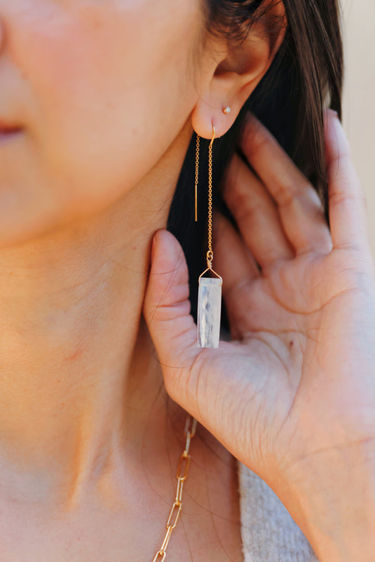 Rock Stella - Rainbow Moonstone rectangular drops on long pull through gold-fill ear wires