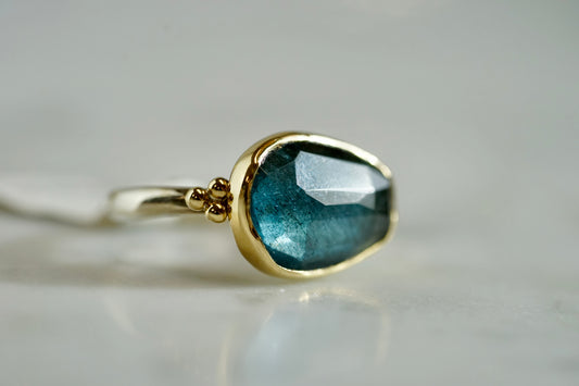 4.75ct Moss Aquamarine Ring in 14k bezel and sterling seagrass band with beads - size 7.5