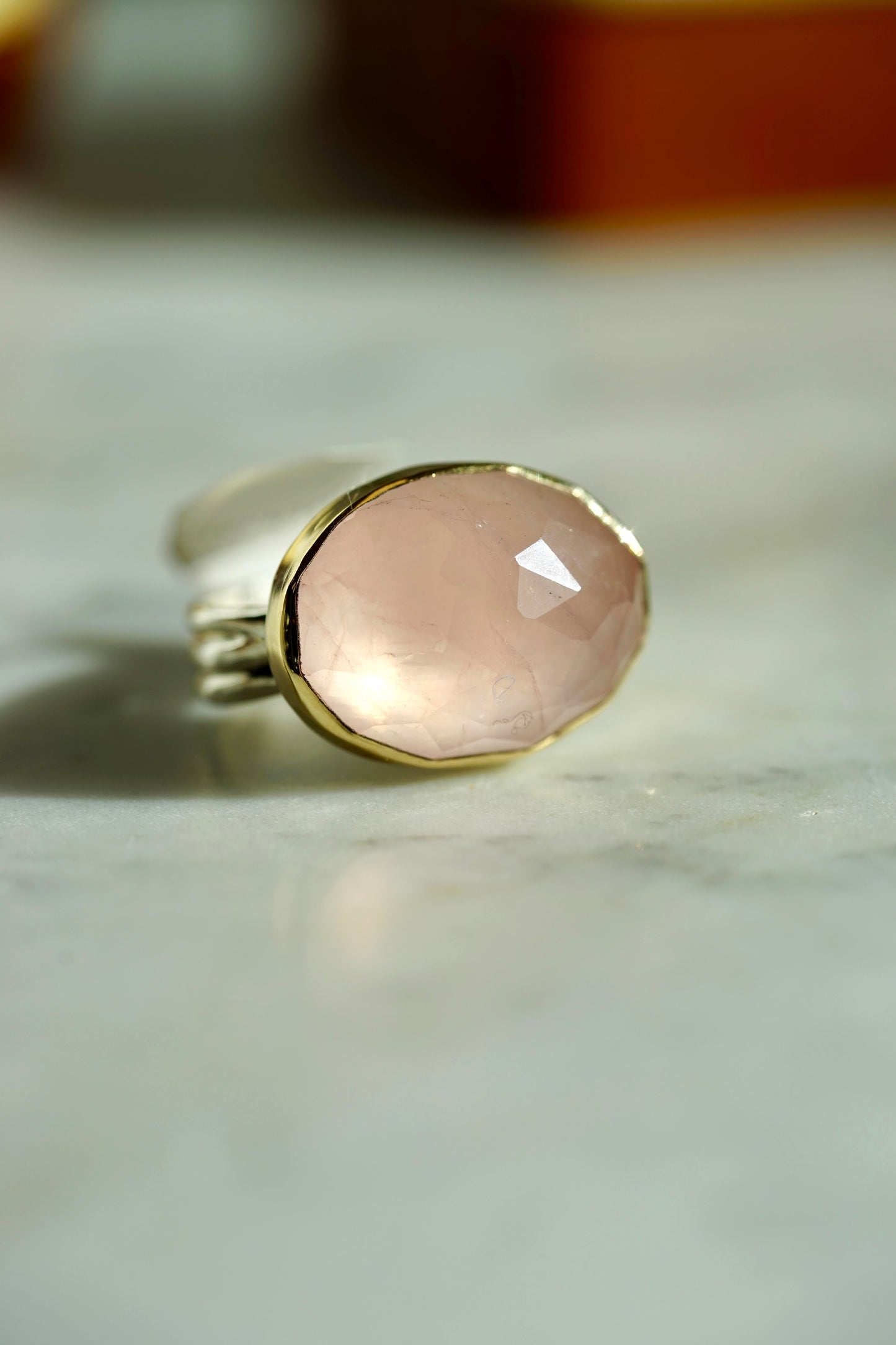 Rose Quartz checkerboard ring w/ 14k bezel and sterling band - Size 8