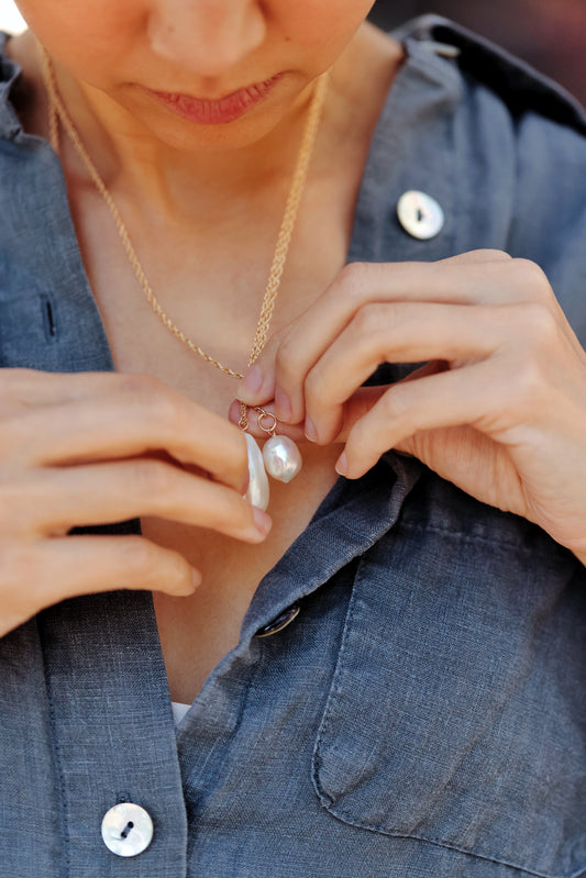 Rock Stella - Freshwater Cultured Pearl with 2nd pearl ballast necklace 14K gold fill chain