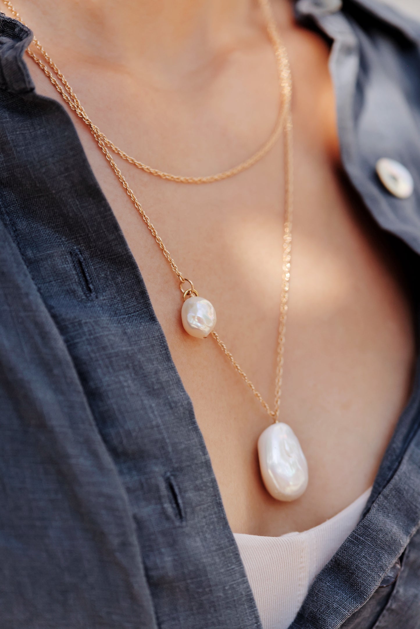 Rock Stella - Freshwater Cultured Pearl with 2nd pearl ballast necklace 14K gold fill chain