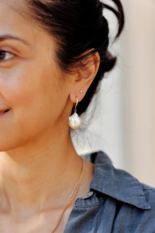 Rock Stella - Freshwater Cultured Pearl Earrings on 18k gold vermeil earrwires with CZ inlay