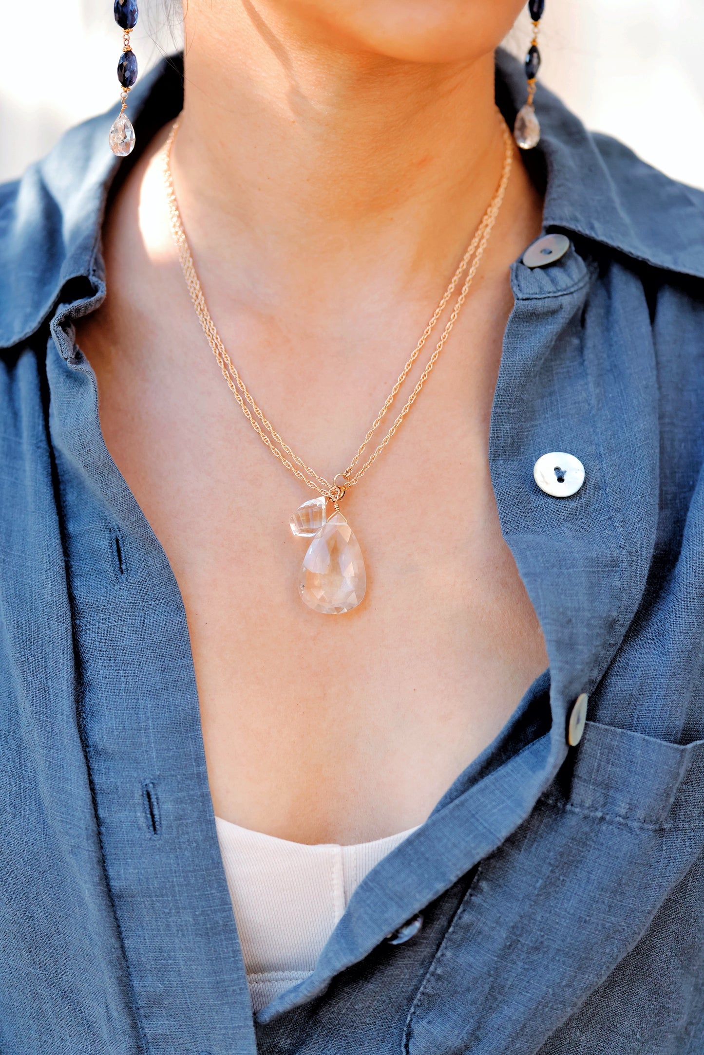 Rock Stella - Clear Quartz with 2nd stone ballast necklace 14K gold fill chain