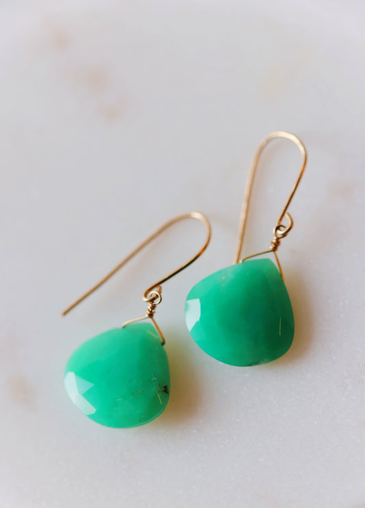 Rock Stella - Chrysoprase small drops on hammered gold-fill simple wires