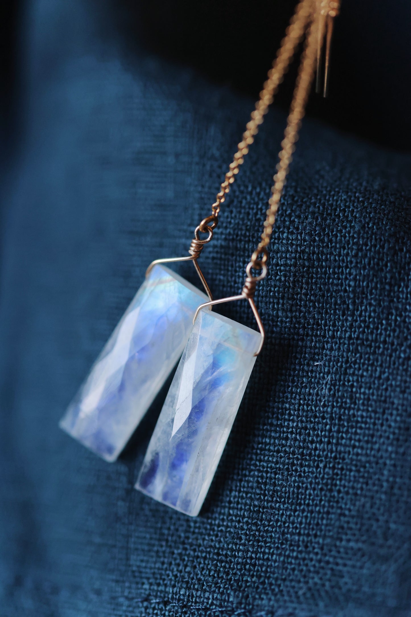 Rock Stella - Rainbow Moonstone rectangular drops on long pull through gold-fill ear wires