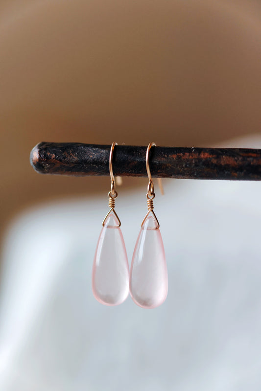 Rose Quartz drops on hammered gold-fill simple wires