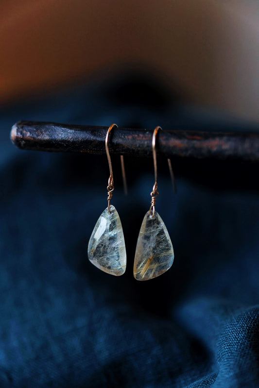 Rock Stella - Rutilated Quartz slab drops on hammered gold-fill simple wires