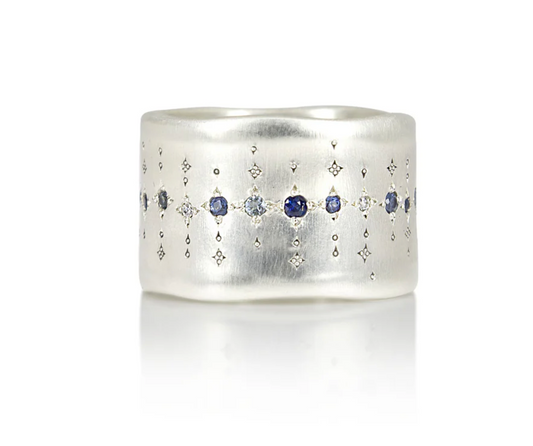 Adel Chefridi - Wide Silver Band with single stone line patter in sapphire, aquamarine, and diamond