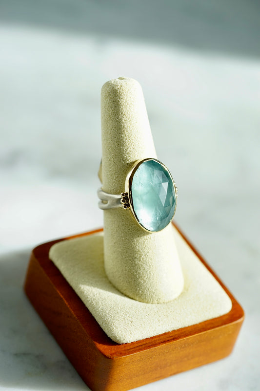 Aquamarine Cocktail Ring with seakelp band - 14k bezel w/sterling band