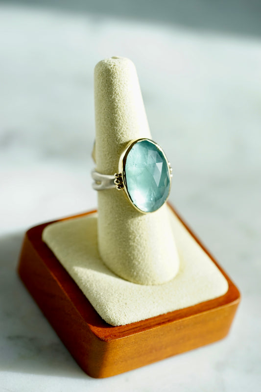 Aquamarine Cocktail Ring with seakelp band - 14k bezel w/sterling band