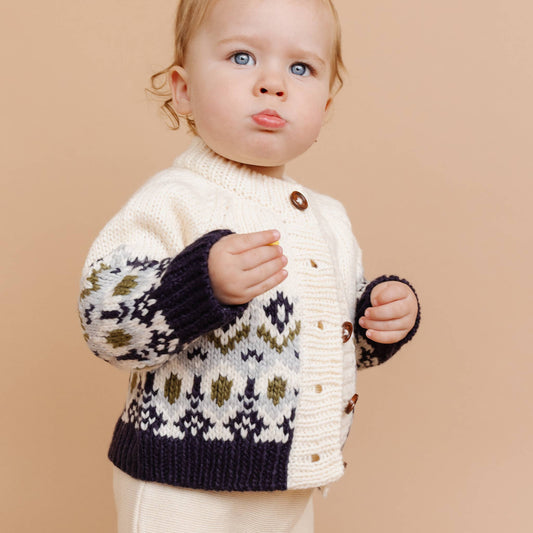 Fairisle Knit Cardigan, Navy | Baby Kids Fall Winter Sweater