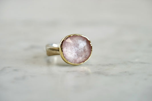 8.55 ct Morganite ring with 14k bezel and sterling sea kelp band - size 7.5
