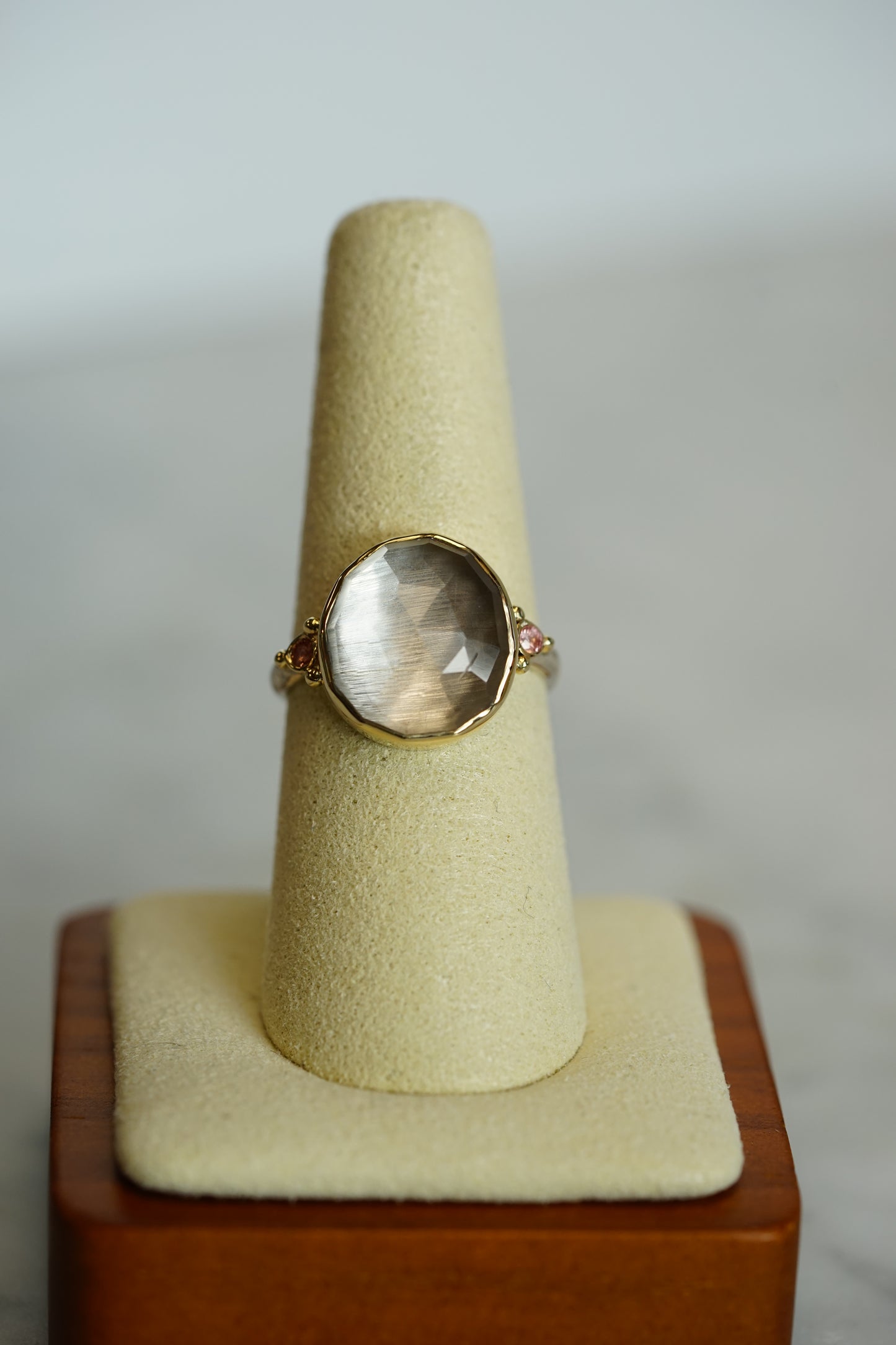 Clear Quart Ring with Sunstones - 14k bezel w/ sterling band