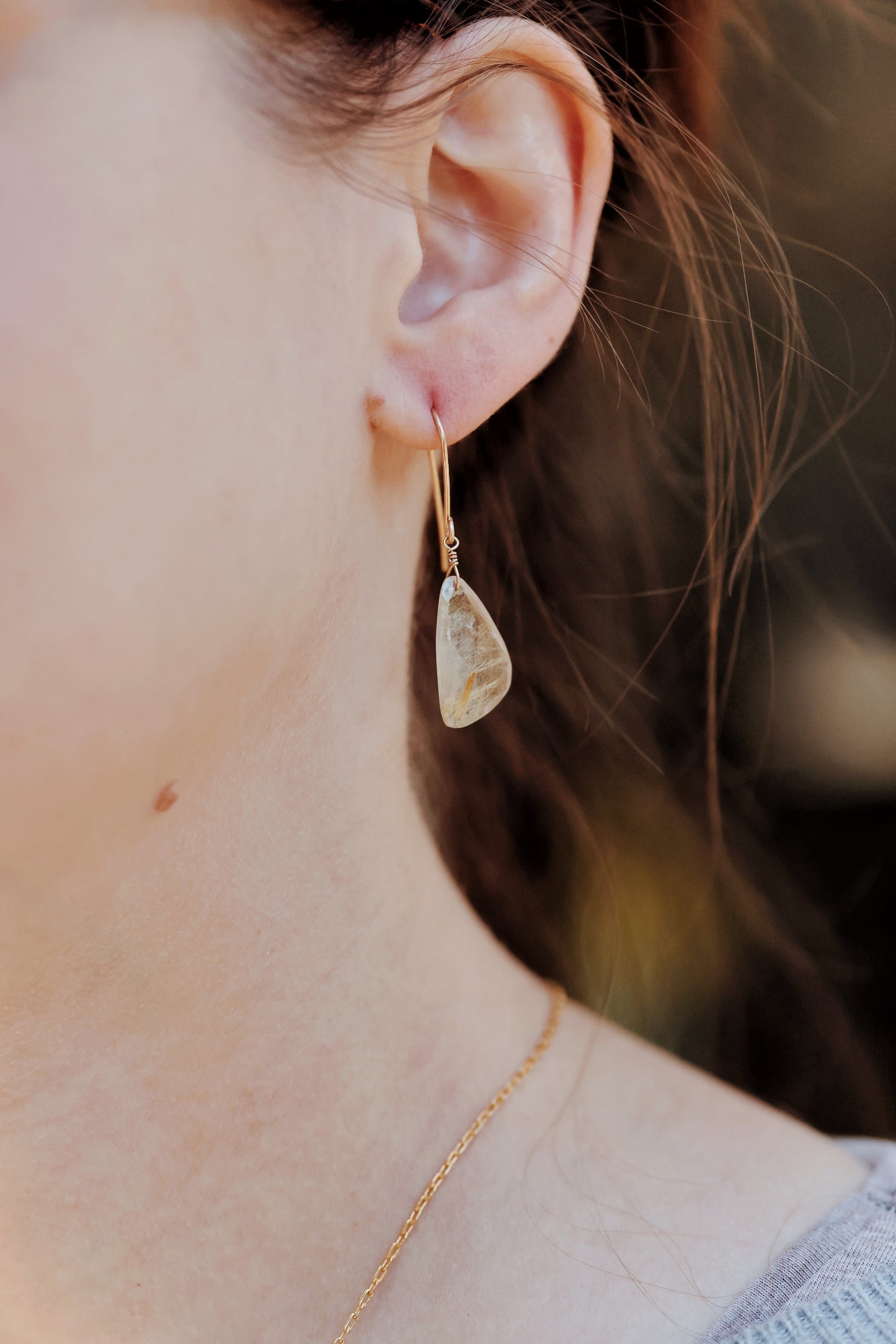 Rock Stella - Rutilated Quartz slab drops on hammered gold-fill simple wires