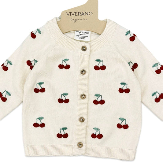 Cherry Embroidered Sweater Knit Baby Cardigan (Organic)