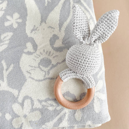 Teether Bunny Grey Cotton Rattle Baby Gift Spring