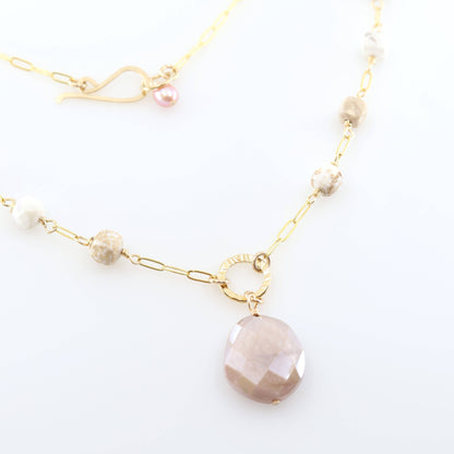 White Turquoise Cube and Champagne Moonstone Necklace