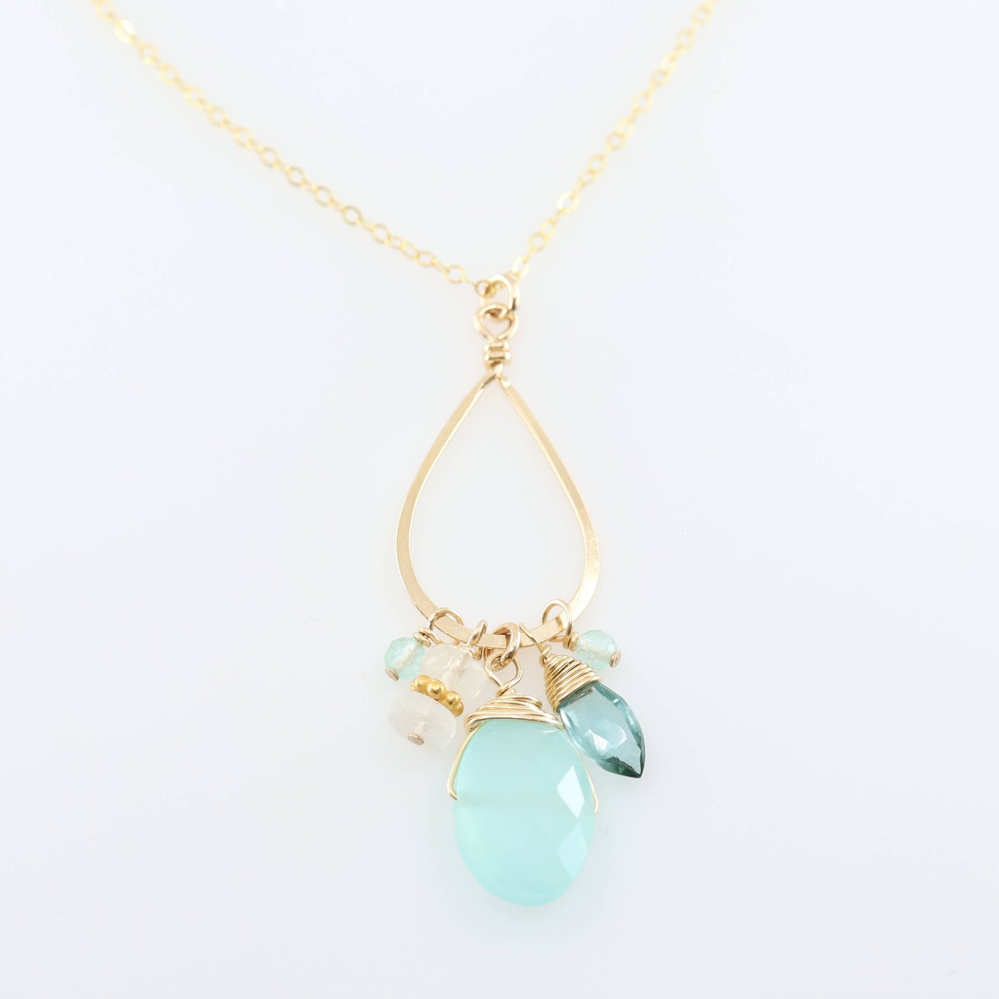 Long Teardrop, Aqua Chalcedony & Rainbow Moonstone Necklace
