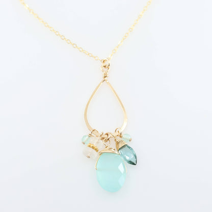 Long Teardrop, Aqua Chalcedony & Rainbow Moonstone Necklace
