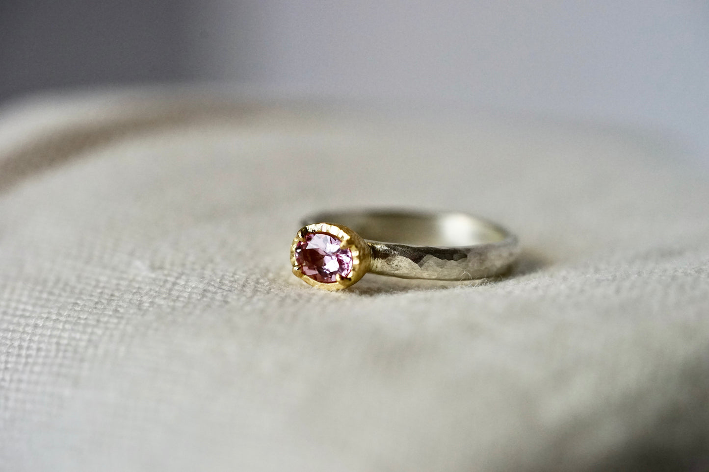 18ky mount .36ct Flaming Morganite on sterling band - size 6.5