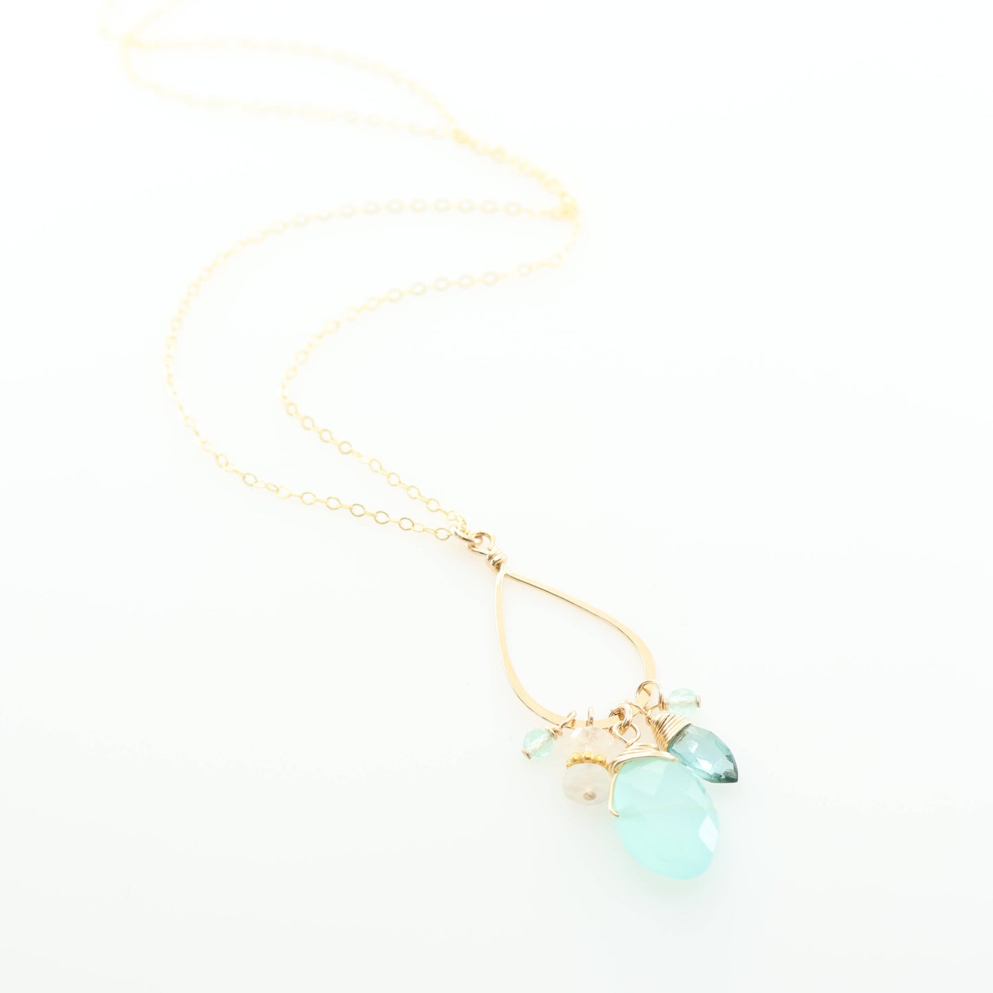 Long Teardrop, Aqua Chalcedony & Rainbow Moonstone Necklace