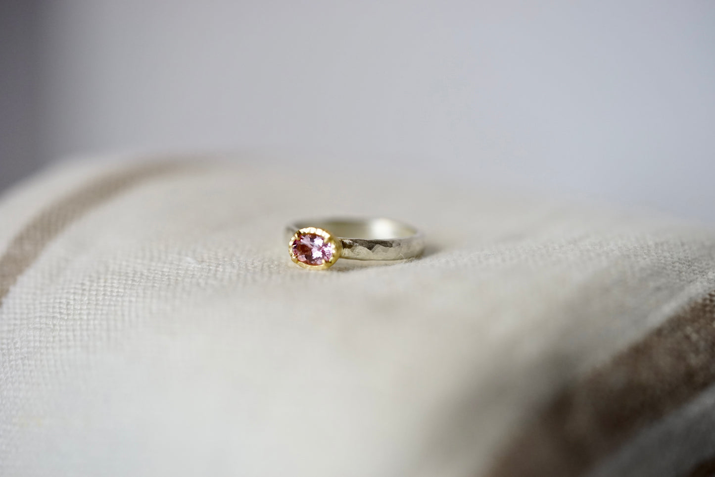 18ky mount .36ct Flaming Morganite on sterling band - size 6.5