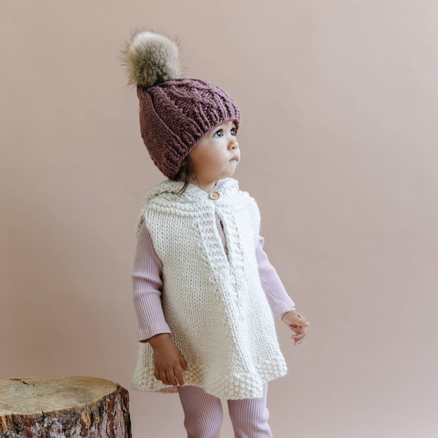 Poncho with Faux Fur Pom, Cream Kids Child Winter Holiday