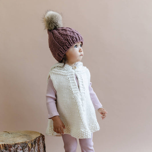 Poncho with Faux Fur Pom, Cream Kids Child Winter Holiday