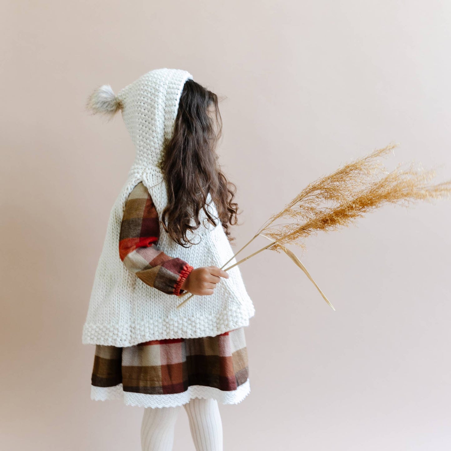 Poncho with Faux Fur Pom, Cream Kids Child Winter Holiday