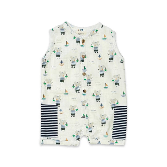 Mouse Sailor Pocket & Button Short Baby Romper Organic