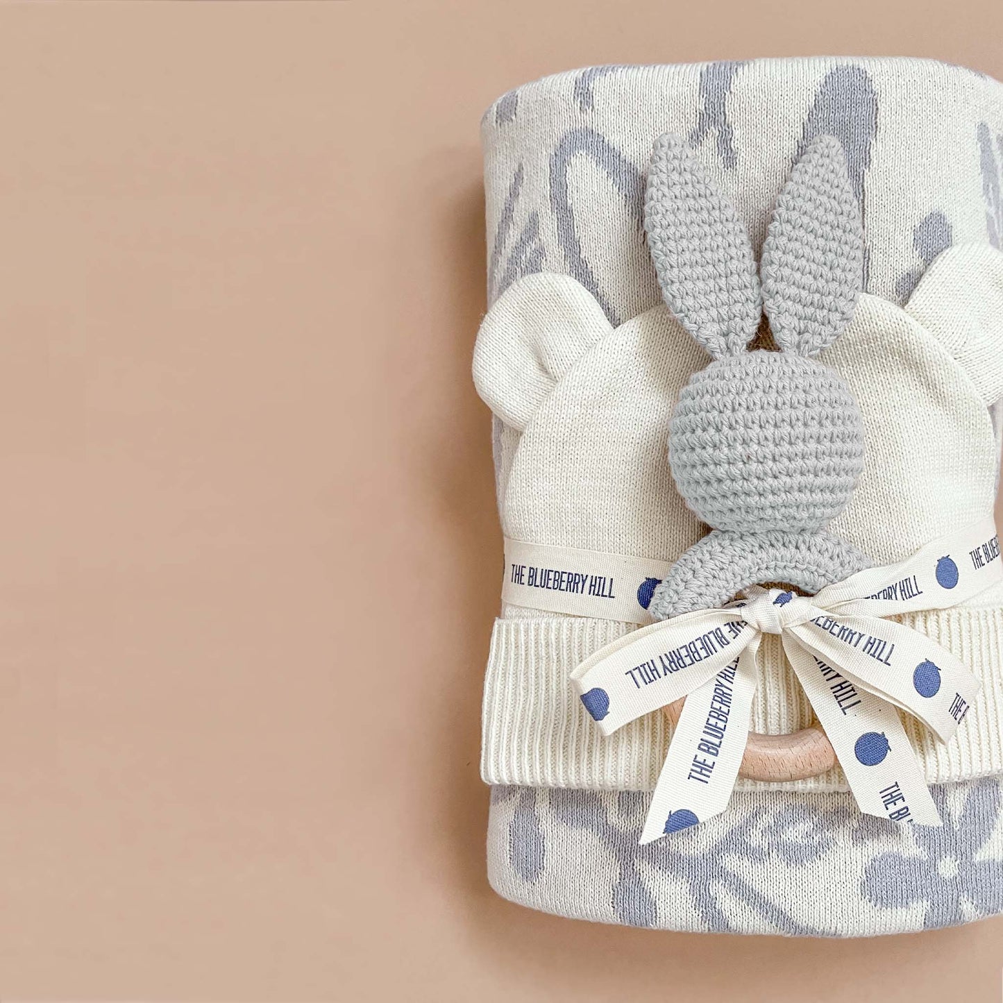 Teether Bunny Grey Cotton Rattle Baby Gift Spring