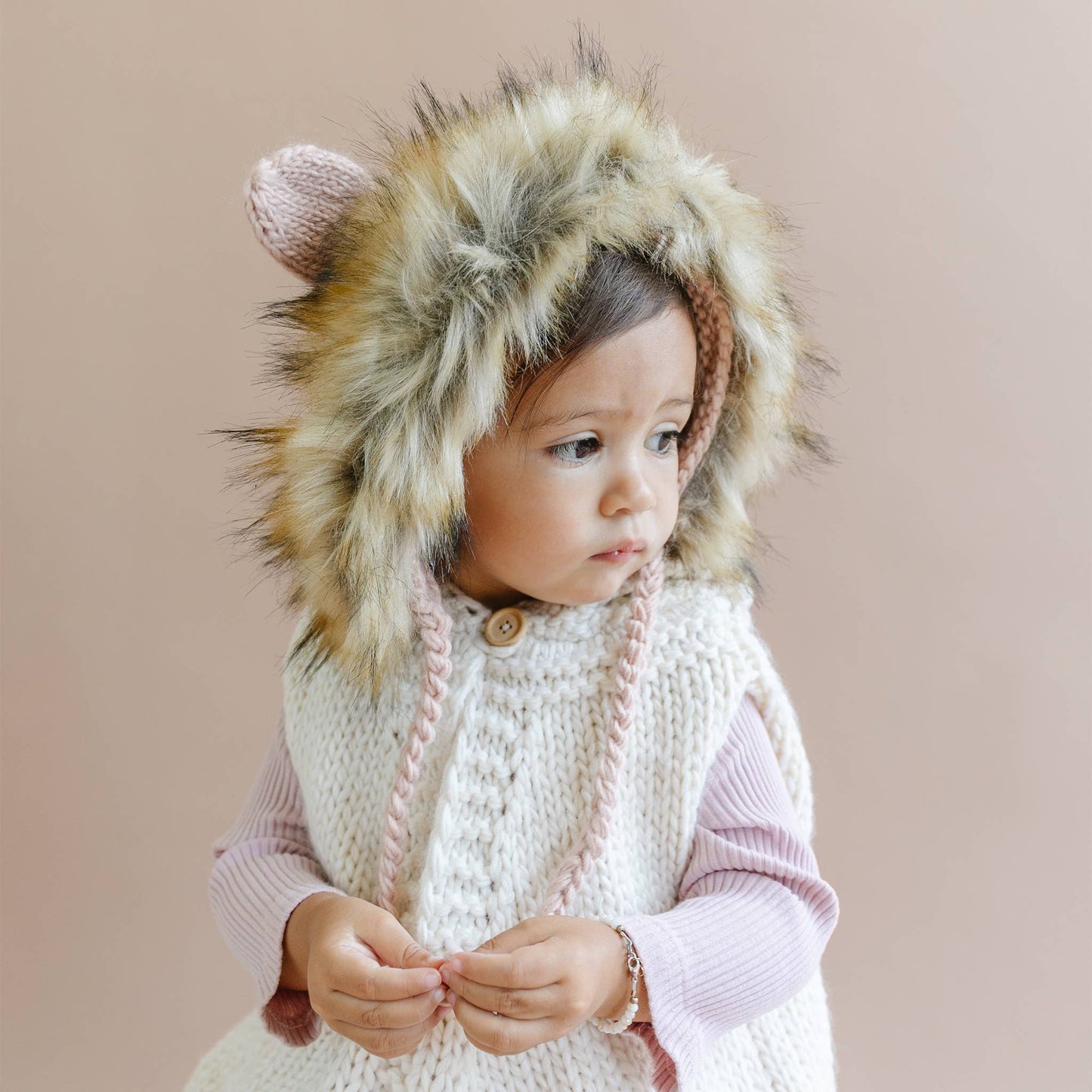 Poncho with Faux Fur Pom, Cream Kids Child Winter Holiday