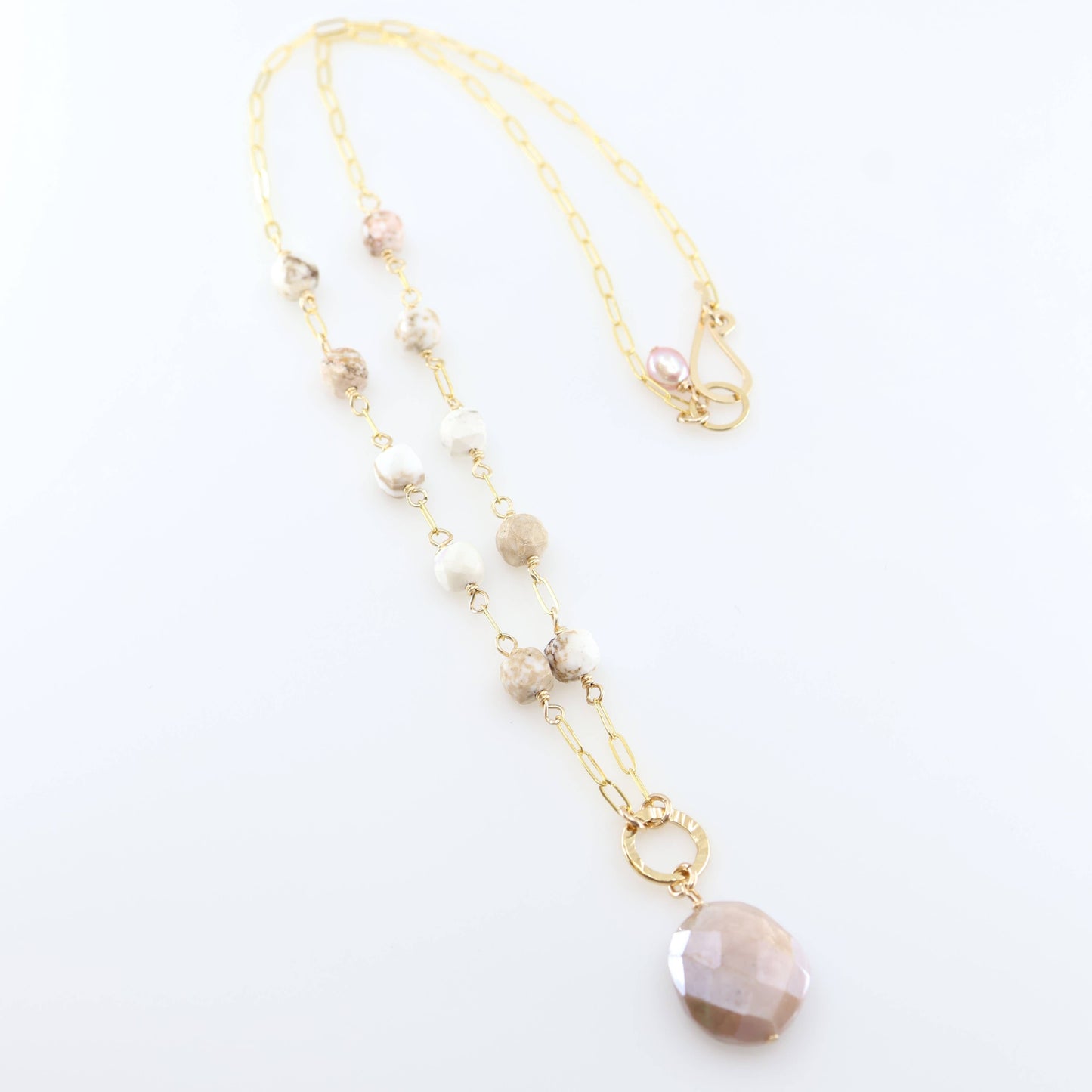 White Turquoise Cube and Champagne Moonstone Necklace