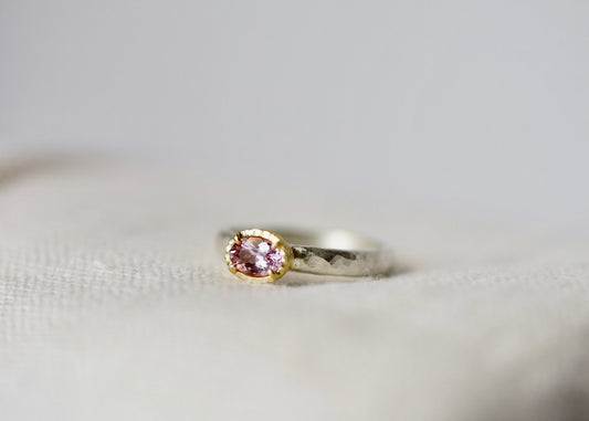 18ky mount .36ct Flaming Morganite on sterling band - size 6.5