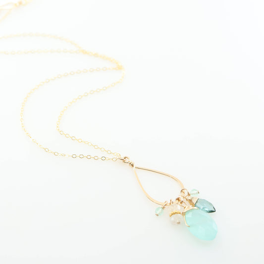 Long Teardrop, Aqua Chalcedony & Rainbow Moonstone Necklace