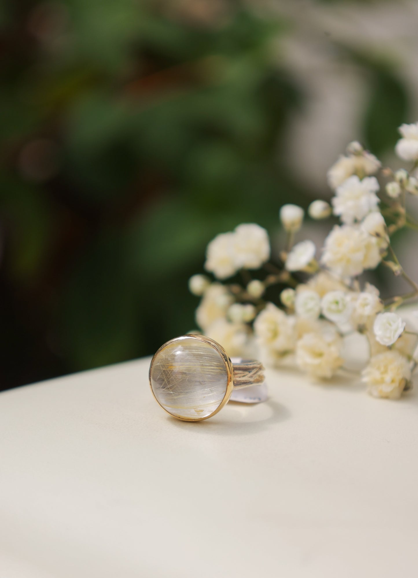 14KSS Rutliated Quartz Rowan ring with gold bezel and sterling band