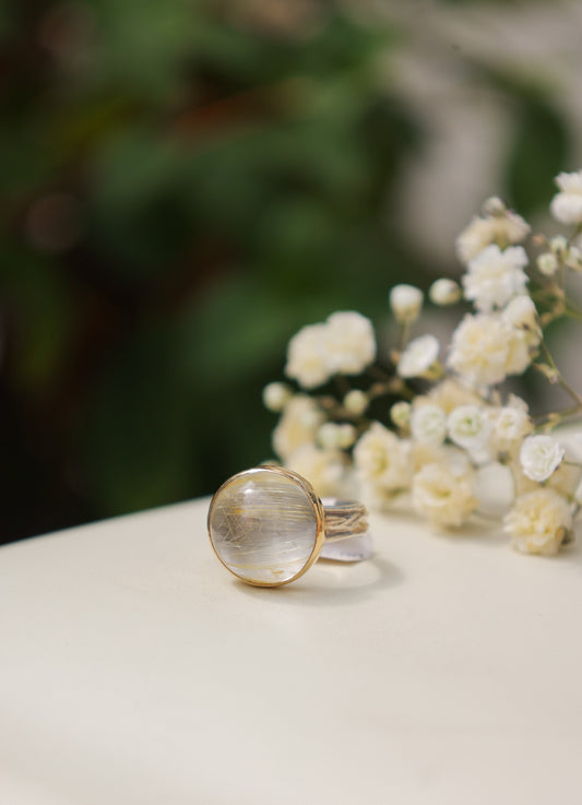 14KSS Rutliated Quartz Rowan ring with gold bezel and sterling band