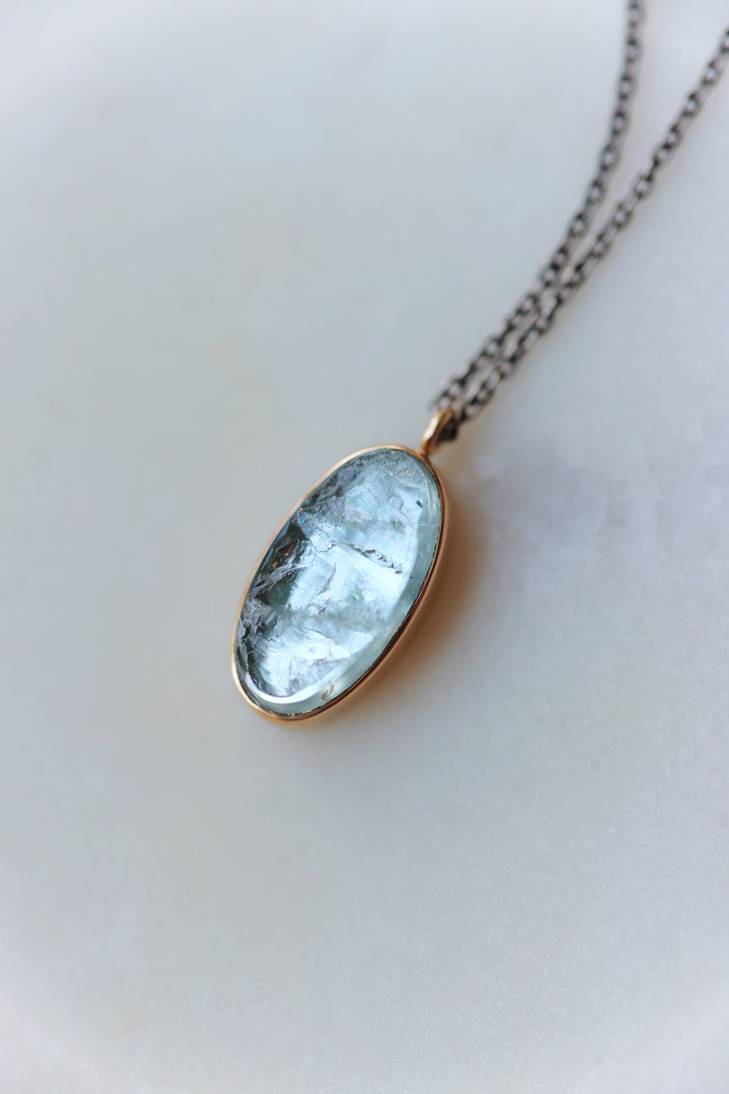 Jamie Joseph - Oval Surface Cut Aquamarine Necklace w/ diamond - 18"